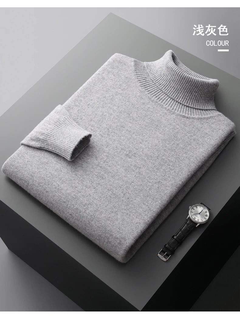 Autumn and winter new 100% pure merino wool pullover men's turtleneck cashmere sweater thickened warm  loose solid color top