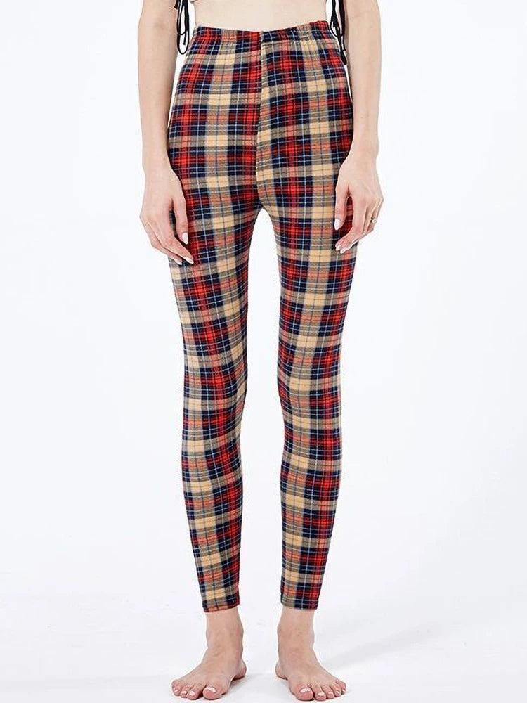 CUHAKCI Fashion Plaid Printing Leggings Women Sexy Fitness Leggins Grid Floral Stripe Trousers High Waist Pencil Pants