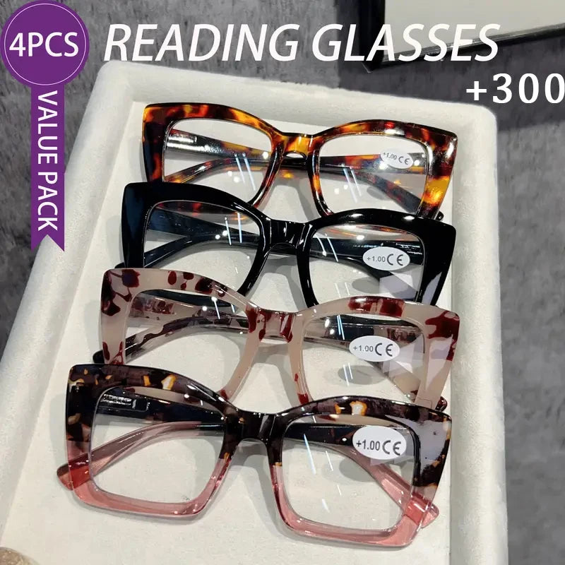 4-piece set of fashionable tortoiseshell frame presbyopia reading glasses, lightweight presbyopia reading glasses for middle-age
