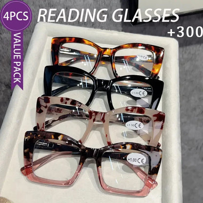 4-piece set of fashionable tortoiseshell frame presbyopia reading glasses, lightweight presbyopia reading glasses for middle-age