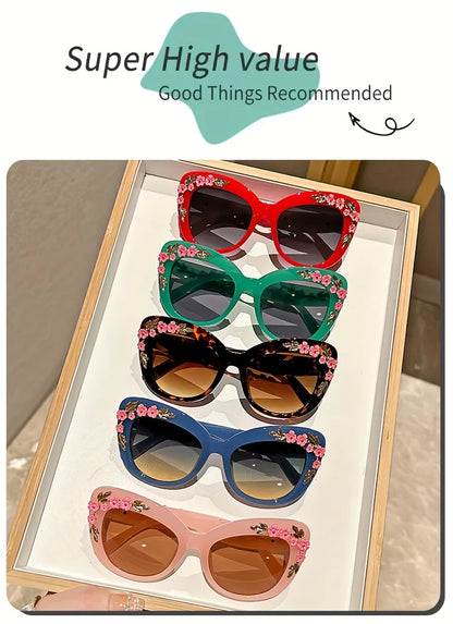 1pc Elegant Cat Eye Glasses for Women, Floral Camellia Design, Anti-Reflective PC Lens, Plastic Frame, Fashionable Beach Eyewear