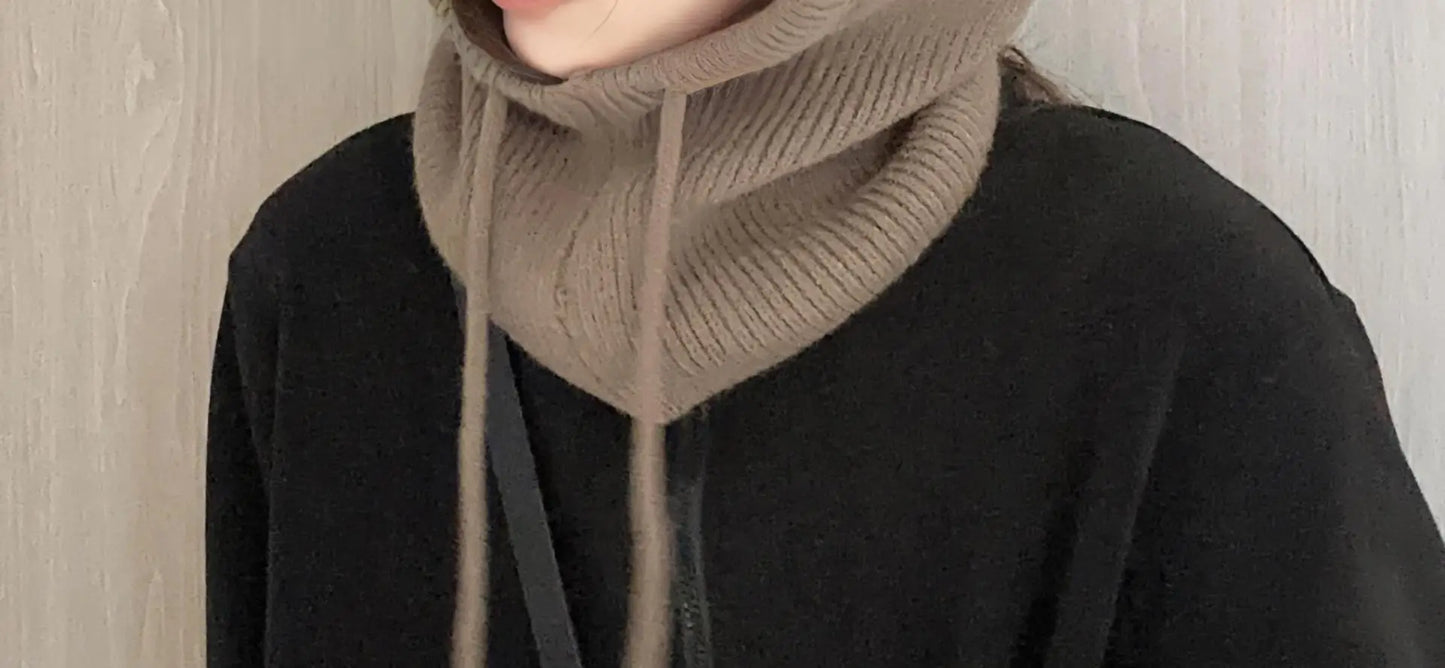 Knitted Hooded Caps Winter Balaclava Hats Women Korean Style Outdoor Warmer Drawstring Hats One-piece Neck Collar Beanies Cap