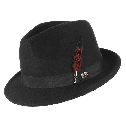 Vintage Black Felt Jazz Hats for Men Women Short Brim Gentleman Soft Trilby Fedora Hat with Feather
