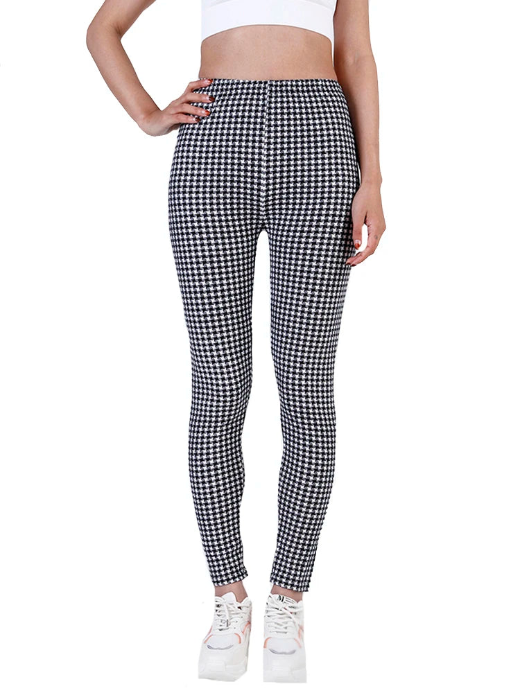 CUHAKCI Fashion Plaid Printing Leggings Women Sexy Fitness Leggins Grid Floral Stripe Trousers High Waist Pencil Pants