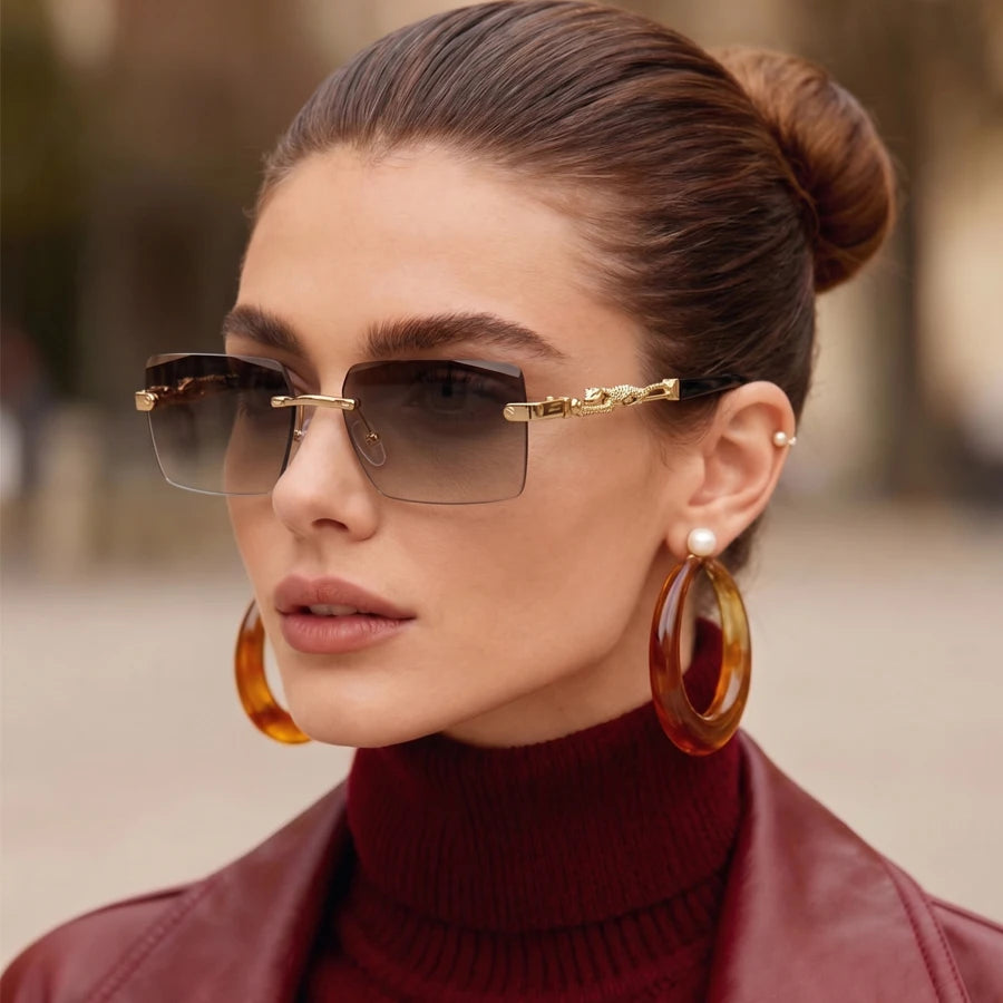 Retro Rimless Square Sunglasses For Men Cut Edge UV400 Leopard Decorative Shades Gradient Lens Sun Glasses for Women