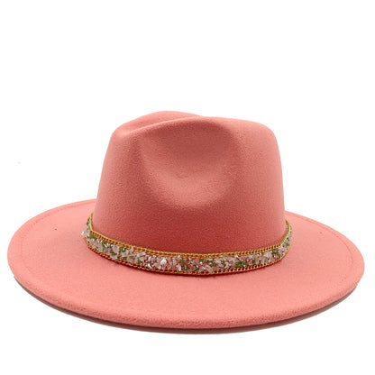 women fedoras golden chain fedora hat women men wide brim solid color jazz top hat autumn winter new Panama hat gentleman hat