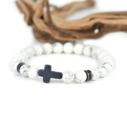 Men Crucifix Beaded Bracelet Onyx White Howlite Healing Braclet Charms Natural Stone Prayer Wristbands Stretch Religious Jewelry