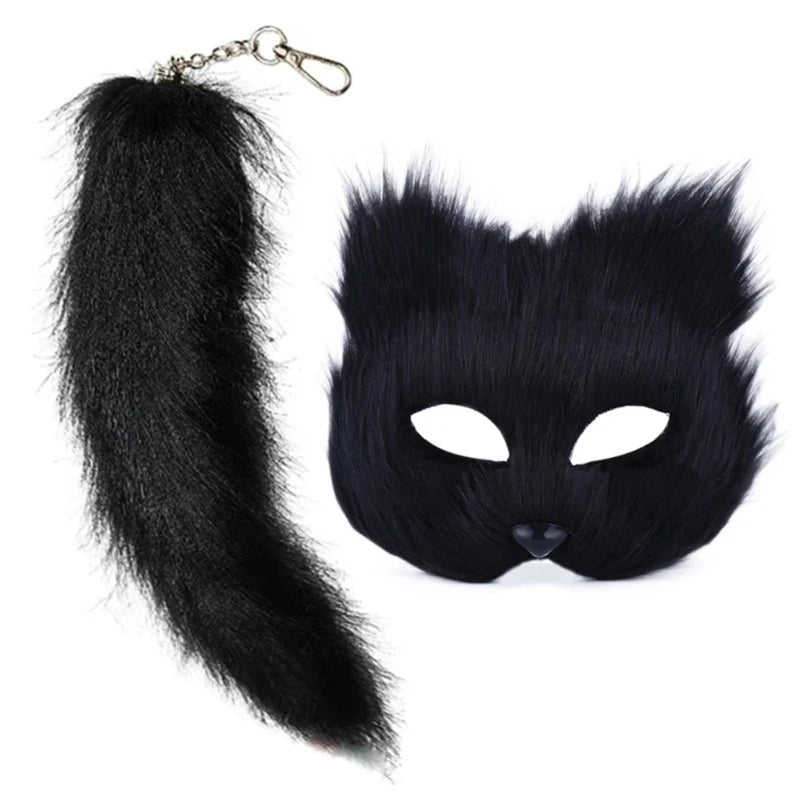 Therian Mask and Tail Faux Furs Foxes Tail Keychain Plush Cats Mask Halloween