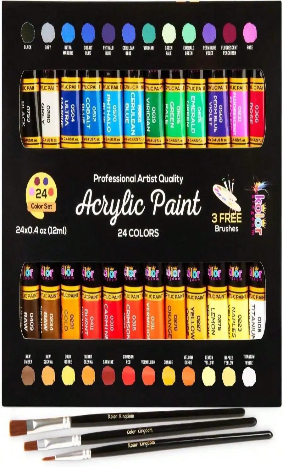 24 Colors Acrylic Paint Set (12ml/0.41oz) with 3 Brushes, Art Paints for Canvas Wood Rock Fabric & More