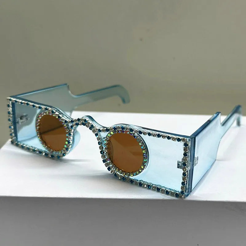 Unique Hand Diamond Square Women Sunglasses Luxury Rhinestone Small Round Lens Shades Female New Wide Legs Sun Glasses Men UV400