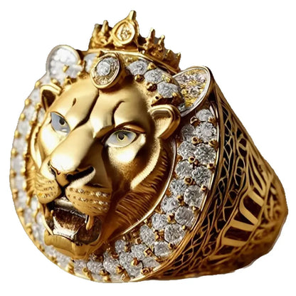 2026 Hot Hip Hop Crown Gold Lion Ring with Iced Out Zirconia, Fashion Jewelry for Men & Women, Perfect Party Gift