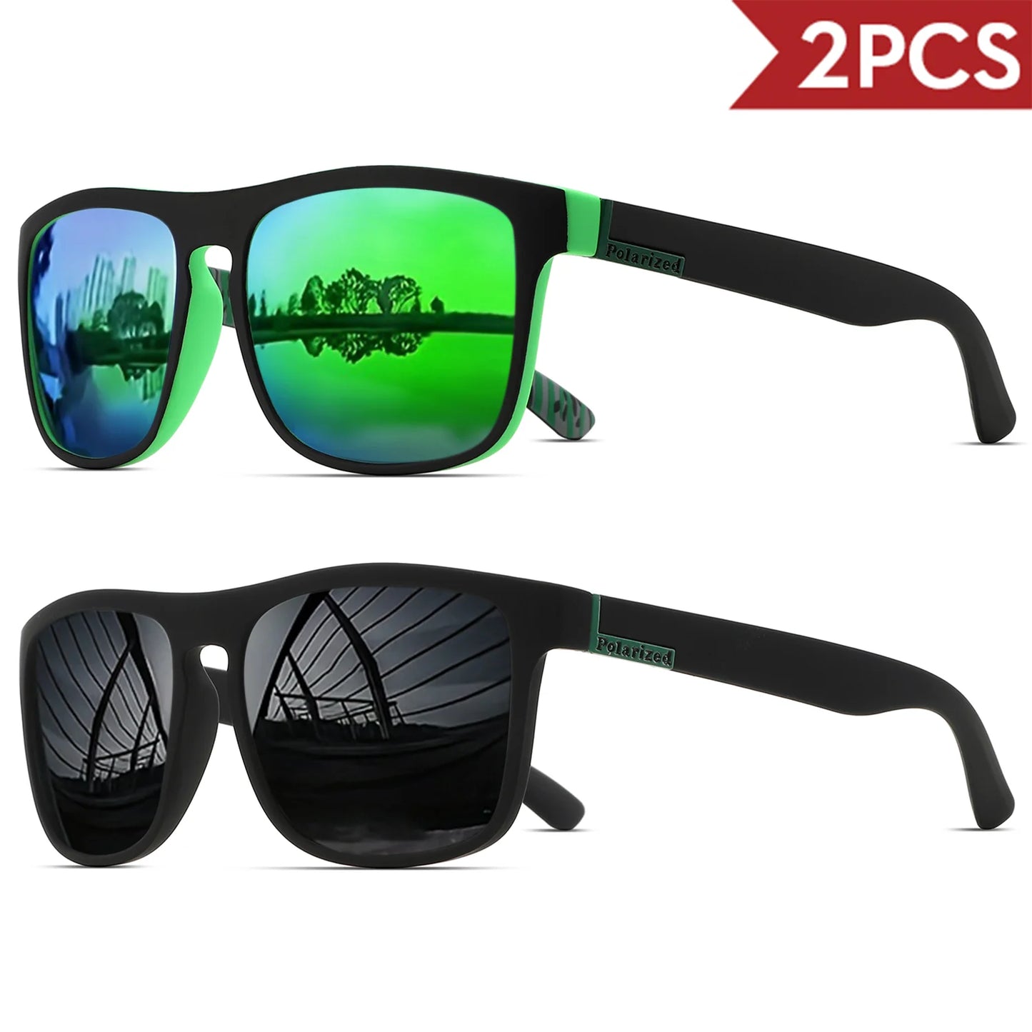 2PCSClassic Square Polarized Sports Sunglasses Lightweight PC Frame UV400 for Driving Fishing Cycling Unisex Everyday Durability