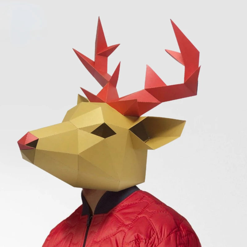 3D Paper Mold Elk Deer Head Mask Headgear Animal Model Halloween Cosplay Props Woman Men Party Role Play DIY Craft Masks