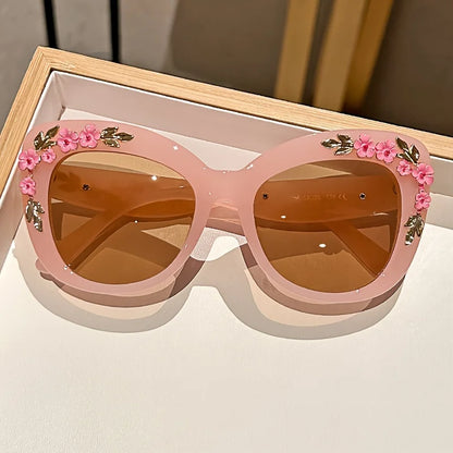 1pc Elegant Cat Eye Glasses for Women, Floral Camellia Design, Anti-Reflective PC Lens, Plastic Frame, Fashionable Beach Eyewear