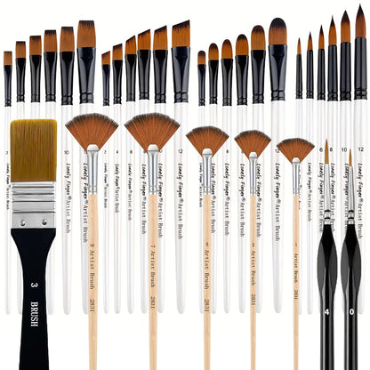 32pcs Paint Brush Set, Artist Series, Nylon Bristles with Round, Filbert, Flat, Fan, Angle, Detail Brush, Suitable for Painting