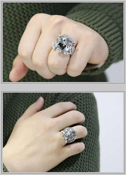 Personality Retro Silver 925 Ring For Men Finger Accessories Exquisite Carving Tiger Head Ring Domineering Male Jewelry