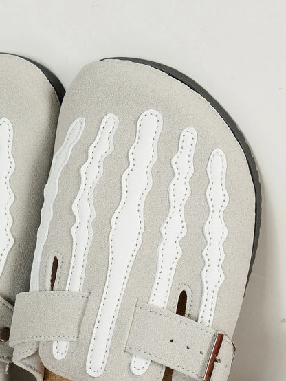 Women's New Half-Slip Halloween Trendy Skeleton Print Slip-On Design Sandals, Closed-Toe Low-Top Buckle Strap Casual Slippers, Suitable for Indoor and Outdoor Wear, Spring, Summer, and Autumn, Unique Street Style Minimalist D