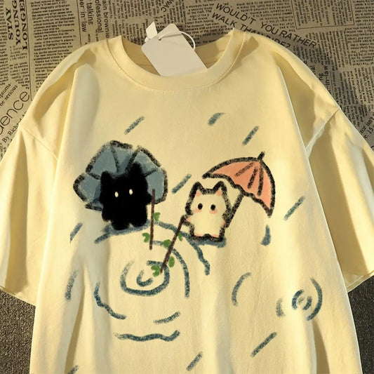 Short-sleeved T-shirt with A Cute Black and White Japanese Cat Pattern A Summer Short-sleeved Top.women Clothing Graphic Tshirts