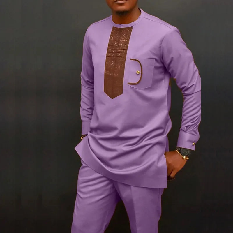 African Muslim Men Wedding Suit 2 Piece Set Long Sleeve Round Neck Top and Pants Traditional Style