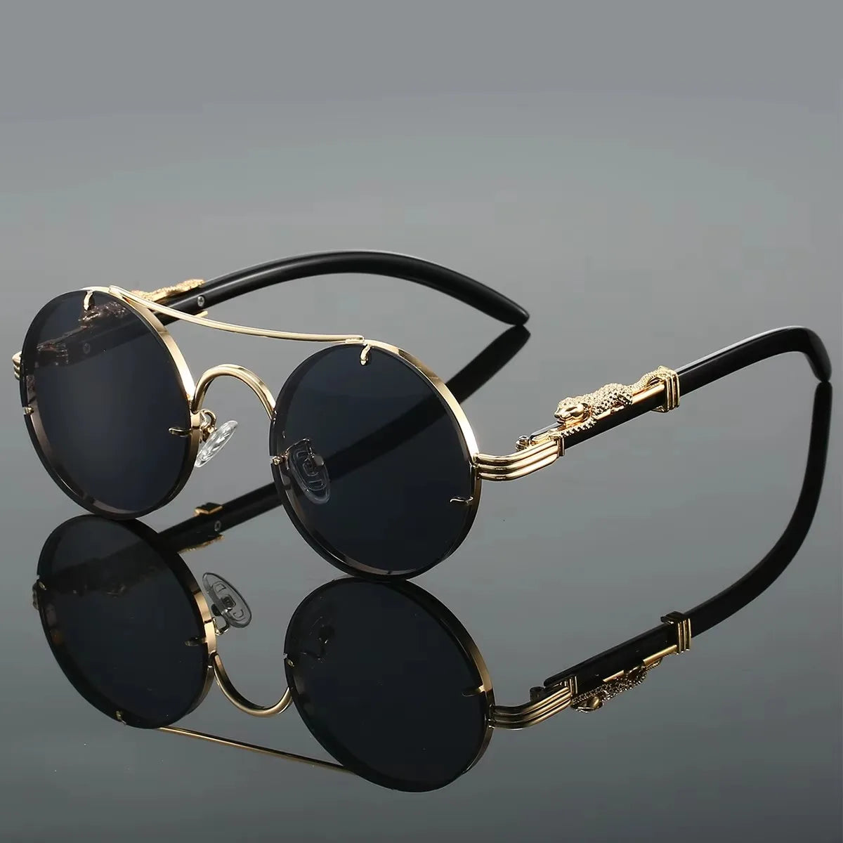Vintage Round Double Bridge Sunglasses – Gold Frame & Wood Grain Temples with Dragon Carving, UV400 Gradient Lens, Steampunk Sty