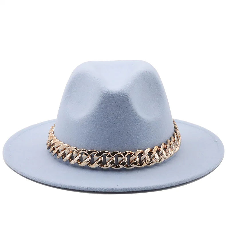 women fedoras golden chain fedora hat women men wide brim solid color jazz top hat autumn winter new Panama hat gentleman hat