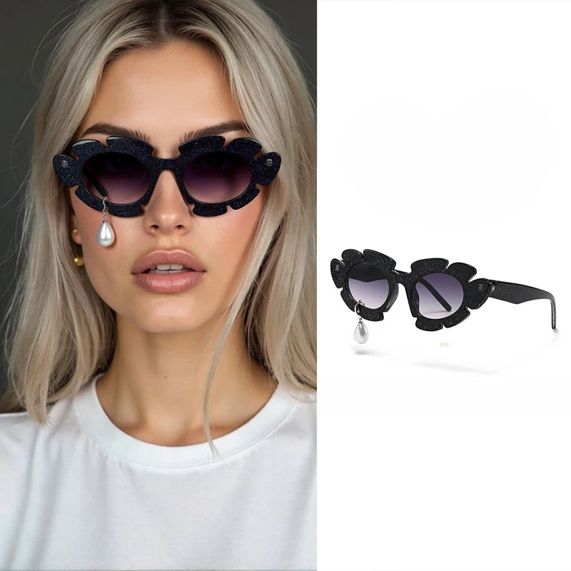 Pearl Diamond  DIY Tear Sunglasses for Women Small Frame Cat Eye Fashion Forward Mermaid Tear Aviator Eyewear