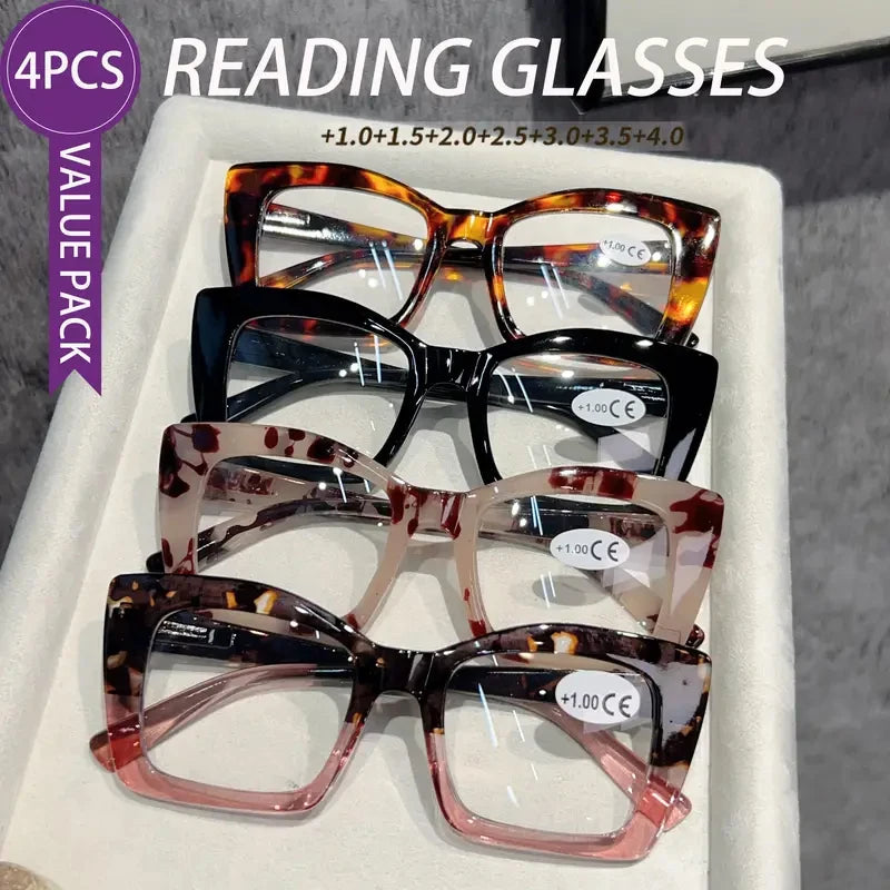 4-piece set of fashionable tortoiseshell frame presbyopia reading glasses, lightweight presbyopia reading glasses for middle-age