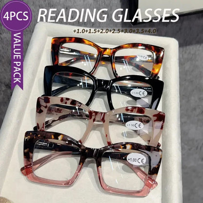 4-piece set of fashionable tortoiseshell frame presbyopia reading glasses, lightweight presbyopia reading glasses for middle-age