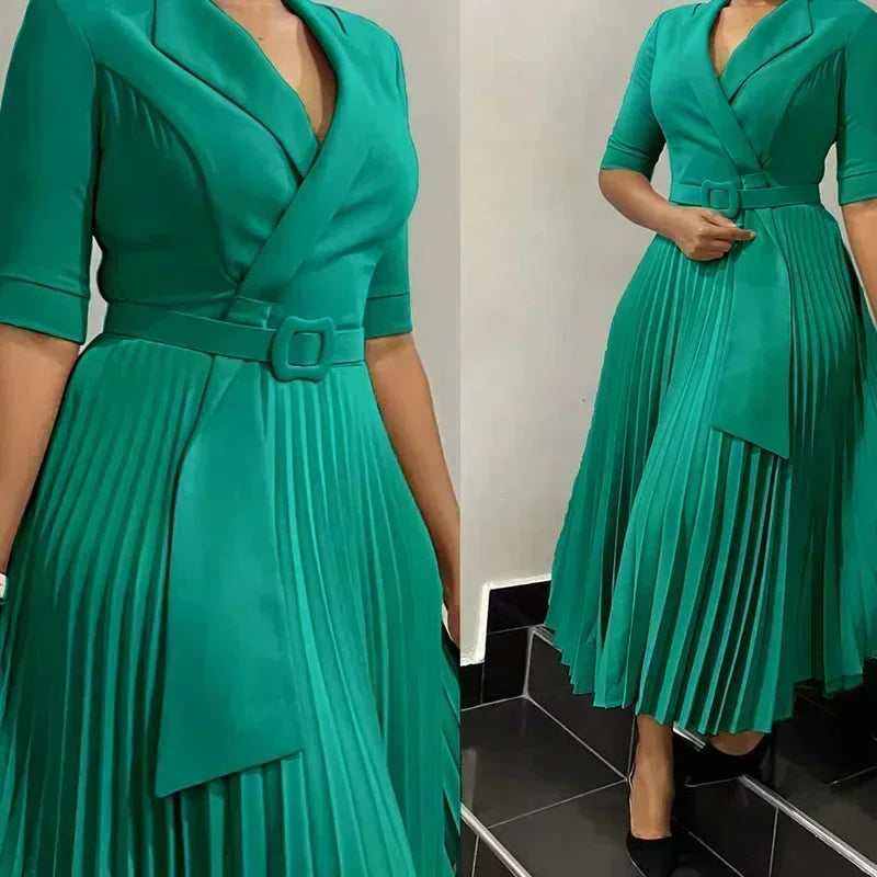 2025 Dashiki African Dresses for Women Autumn Elegant Half Sleeve V-neck Polyester Pleat Dress Ankara Dresses African Clothes