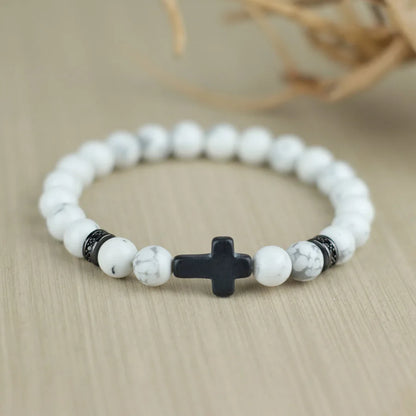 Men Crucifix Beaded Bracelet Onyx White Howlite Healing Braclet Charms Natural Stone Prayer Wristbands Stretch Religious Jewelry