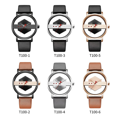 TOMI Fashionable and Minimalist Men's Leather Watch Strap Personalized Hollow Perspective Glass Bottom Cover Quartz Watch