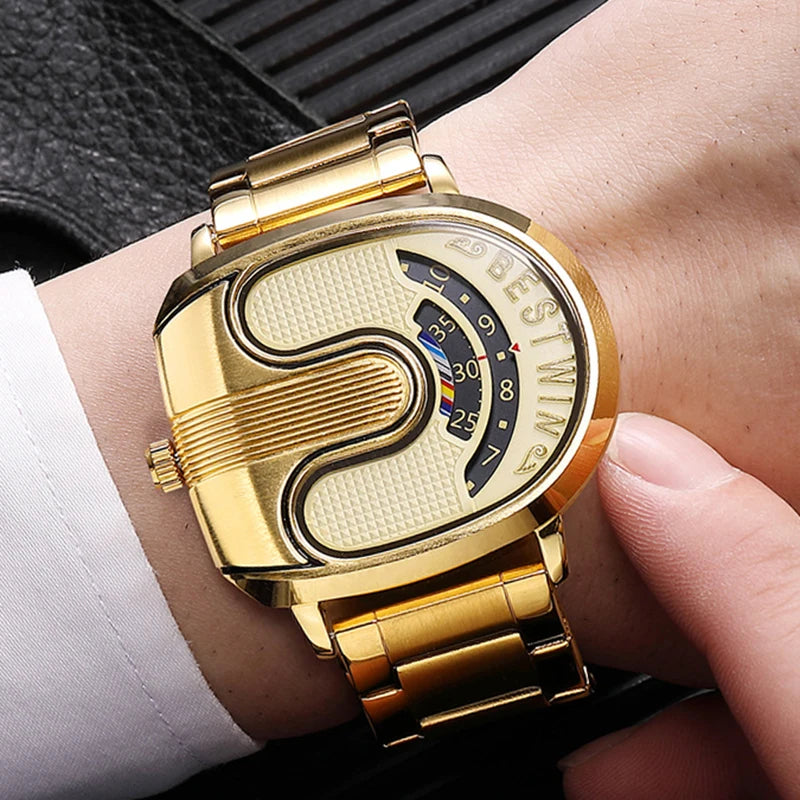 Gold Top Brand Luxury Men Watches Unique Design Stainless Steel Band Golden Dropship relogio masculino High Quality Male