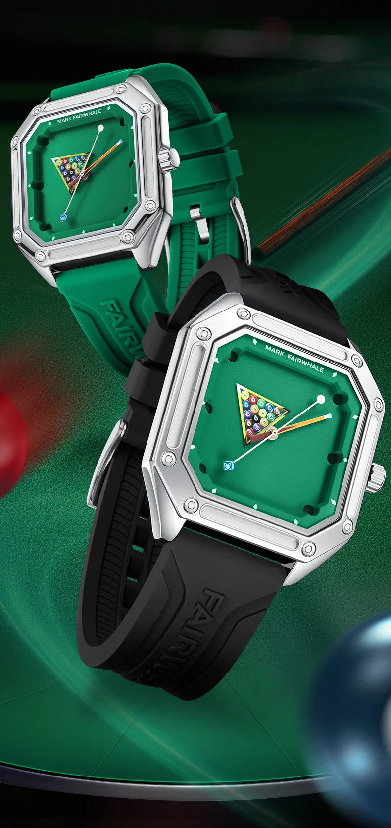 Mark Fairwhale 5047 Men Quartz Watch Square Case Luminous Billiards Dial Wristwatch Rubber Strap Watches for Men