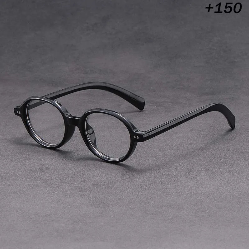 +1.50 Reading Glasses Men Women Vintage Round Black Frame Dark Gray Lens Retro Style Lightweight Presbyopia Eyewear for Daily
