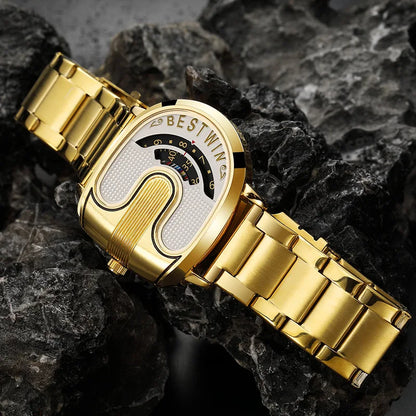 Gold Top Brand Luxury Men Watches Unique Design Stainless Steel Band Golden Dropship relogio masculino High Quality Male