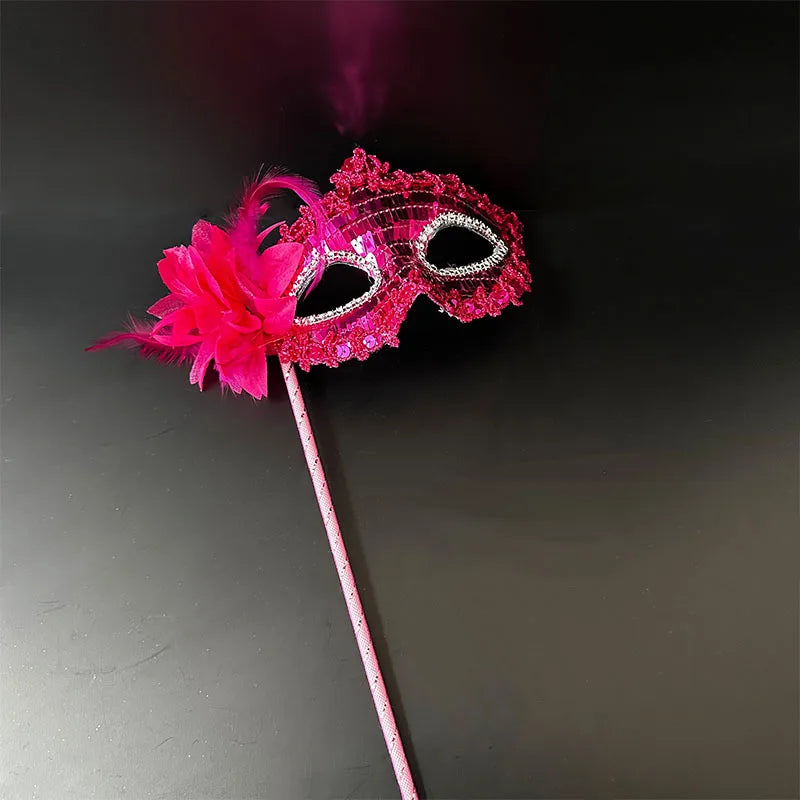 Venetian Princess Handheld Sequin Mask Women Side Flower Feather Face Cover with Holding Stick Mardi Gras Party Masquerade Mask