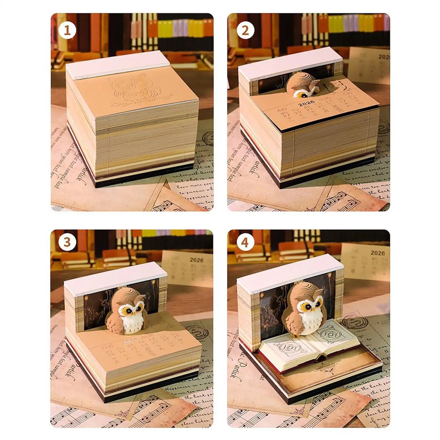 2026 Paper Sculpture Calendar 3D Owl Tear-off Calendar Paper Sculpture Art Memo Notepad Desk Calendar Sticky Notes Bookmark