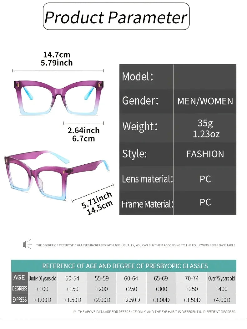 Elegant Full Rim Square Reading Glasses for Women, PC Frame, Clear Les, Magnification  1.0 to  4.0, Fashion Reading Glasses