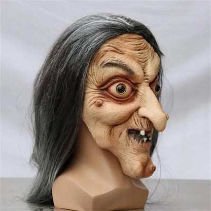 Halloween Horror Long Hair Witch Head Cover Old Man Mask Party Cosplay Haunted House Scary Props Adult Full Face Latex Headdress