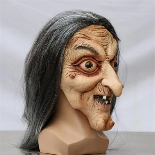 Halloween Horror Long Hair Witch Head Cover Old Man Mask Party Cosplay Haunted House Scary Props Adult Full Face Latex Headdress
