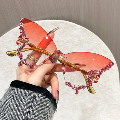 Rimless Butterfly Sunglasses Cat Eye Popular Women Men Shades Small Ellipse Sun Glasses for Female Male Party Traveling Glasses