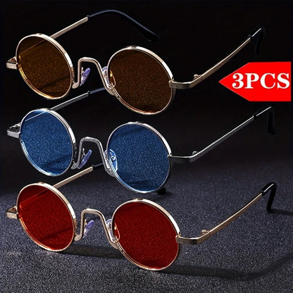 3-piece Fashion Retro Round Frame Trendy Sunglasses Unisex Suitable for Beach, Outdoor Street, Photography