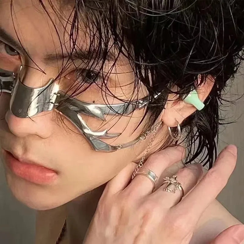 Cyberpunk Metal Mask Niche Design Irregular Fluid Mechanical Wind Earrings Lip Rings Adjustable Face Accessories for Men