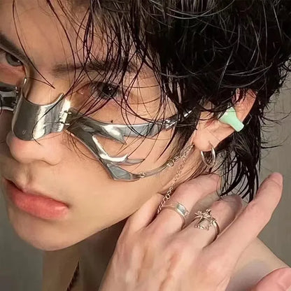 Cyberpunk Metal Mask Niche Design Irregular Fluid Mechanical Wind Earrings Lip Rings Adjustable Face Accessories for Men