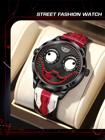 LIGE Creative Joker Watch Men Clown Men's Watches Fashion Leather Strap Waterproof Quartz Wristwatches Moon Phase Clock+BOX