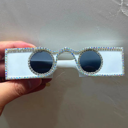 Unique Hand Diamond Square Women Sunglasses Luxury Rhinestone Small Round Lens Shades Female New Wide Legs Sun Glasses Men UV400
