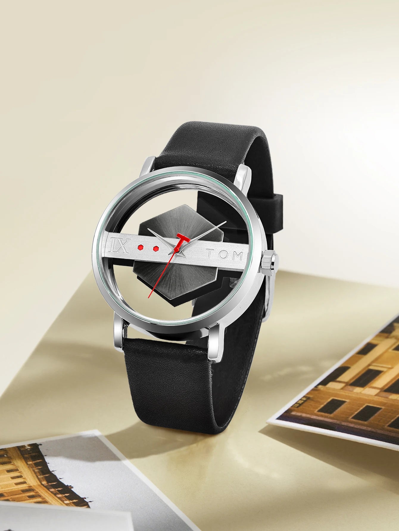 TOMI Fashionable and Minimalist Men's Leather Watch Strap Personalized Hollow Perspective Glass Bottom Cover Quartz Watch