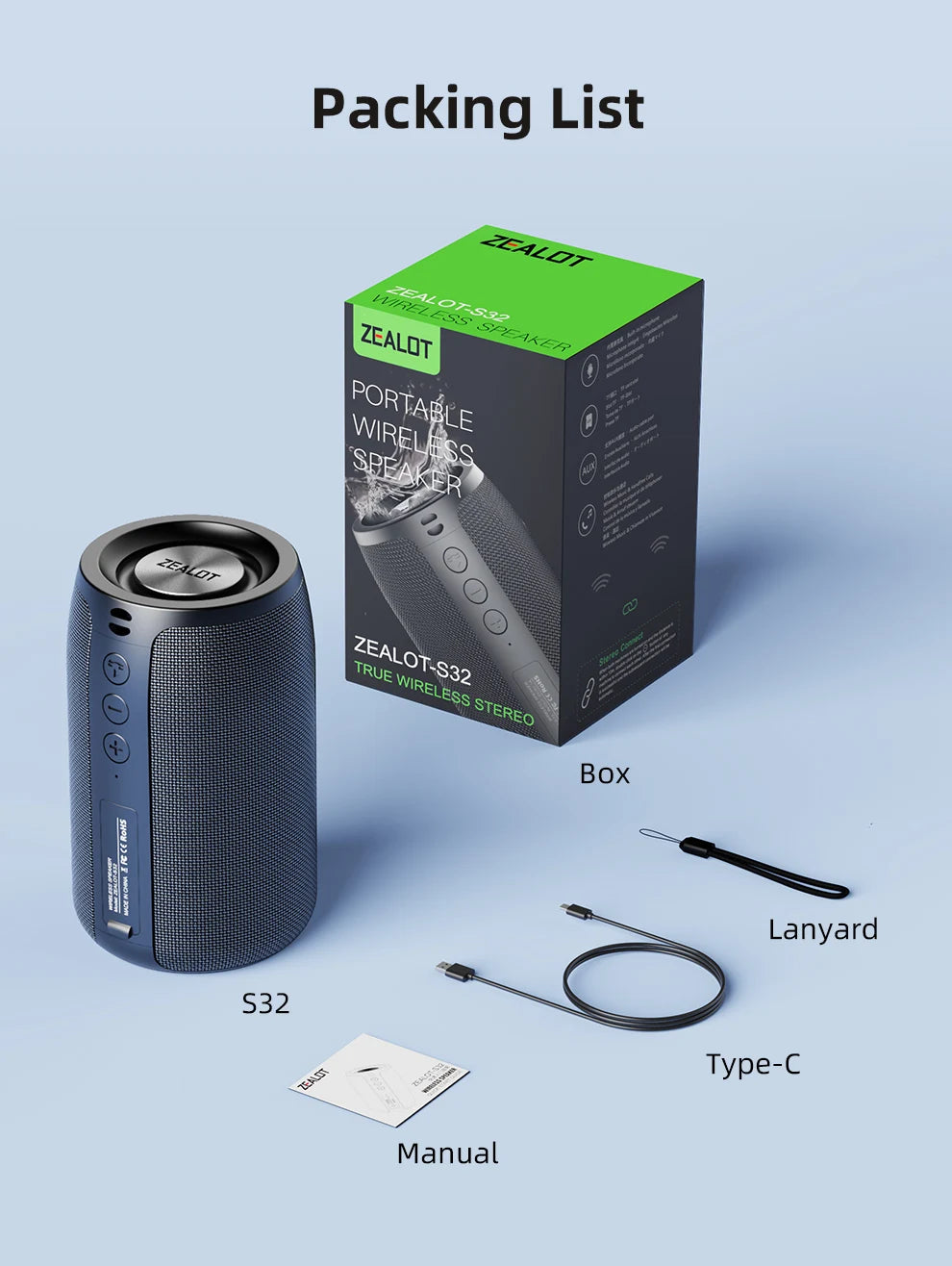 ZEALOT-S32 Portable Bluetooth Speaker Subwoofer - Waterproof Stereo Outdoor Boom Box with TF Card & AUX Support