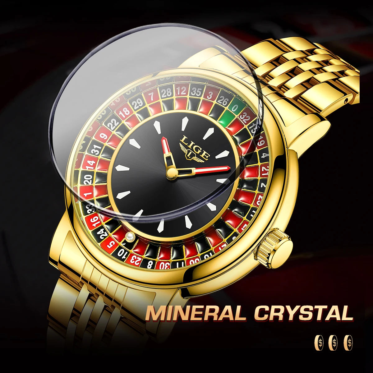 LIGE Creative Golden Mens Watches Roulette Game Dial Fashion Man Watch Waterproof Luminous Quartz Wristwatches Rolling Ball+Box