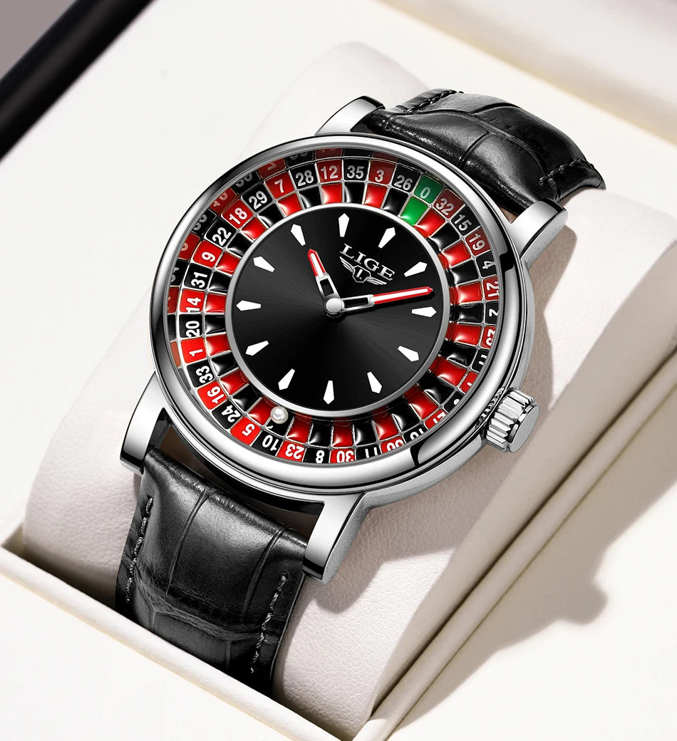 LIGE Creative Golden Mens Watches Roulette Game Dial Fashion Man Watch Waterproof Luminous Quartz Wristwatches Rolling Ball+Box